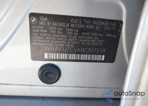 2011 BMW 535I xDrive z USA, uszkodzony, nr VIN WBAFU7C5XBC877558